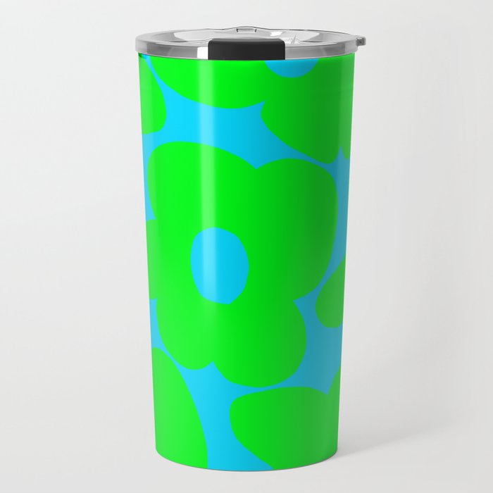 Large Retro Flowers Neon Green Petals Turquoise Background Summer Vibes #decor #society6 #buyart Travel Mug Gallery Image 1