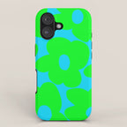 Large Retro Flowers Neon Green Petals Turquoise Background Summer Vibes #decor #society6 #buyart iPhone Case Gallery Image 1