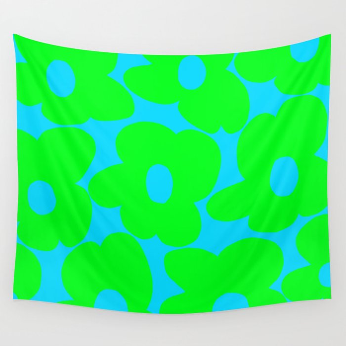 Large Retro Flowers Neon Green Petals Turquoise Background Summer Vibes #decor #society6 #buyart Wall Tapestry Gallery Image 1