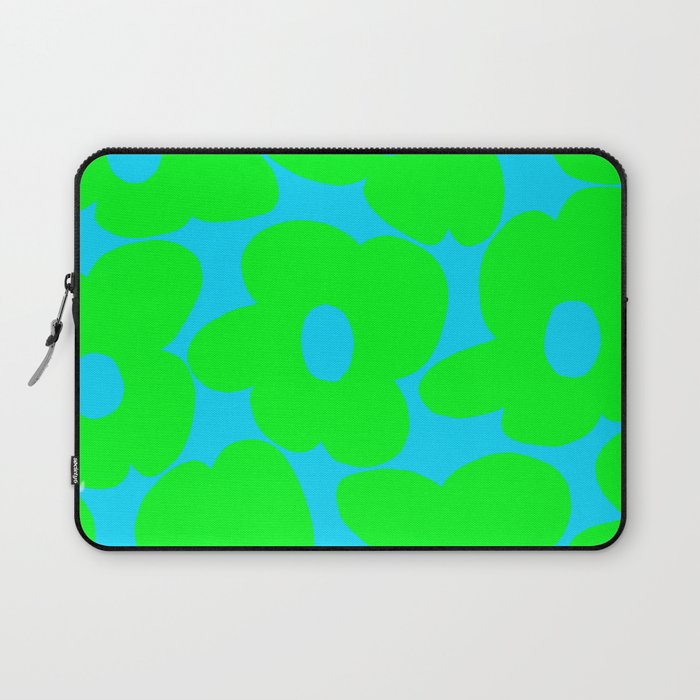Large Retro Flowers Neon Green Petals Turquoise Background Summer Vibes #decor #society6 #buyart Laptop Sleeve Gallery Image 1