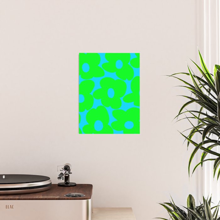 Large Retro Flowers Neon Green Petals Turquoise Background Summer Vibes #decor #society6 #buyart Poster Gallery Image 2