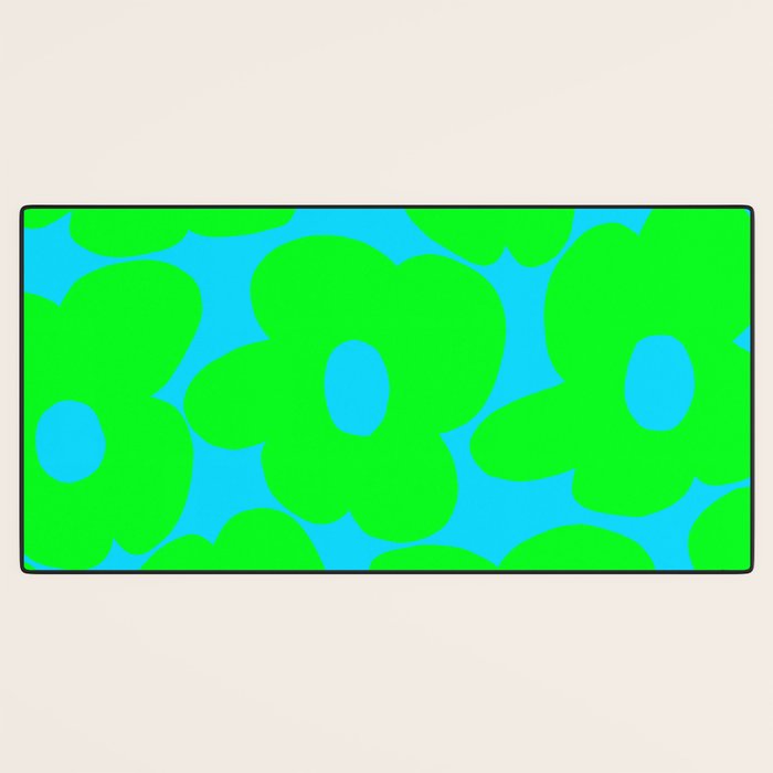 Large Retro Flowers Neon Green Petals Turquoise Background Summer Vibes #decor #society6 #buyart Desk Mat Gallery Image 3
