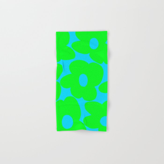 Large Retro Flowers Neon Green Petals Turquoise Background Summer Vibes #decor #society6 #buyart Bath Towel Gallery Image 1