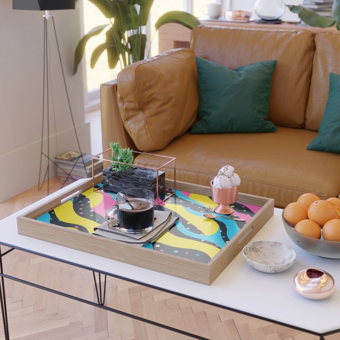 Colorful retro neon wave art pattern Serving Tray Gallery Image 2