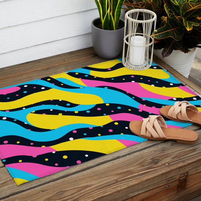 Colorful retro neon wave art pattern Outdoor Rug Gallery Image 2