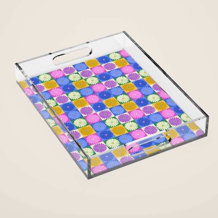Retro Flowers Check Pattern XIV Acrylic Tray Gallery Image 1