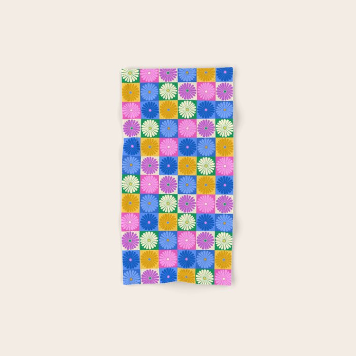Retro Flowers Check Pattern XIV Bath Towel Gallery Image 1