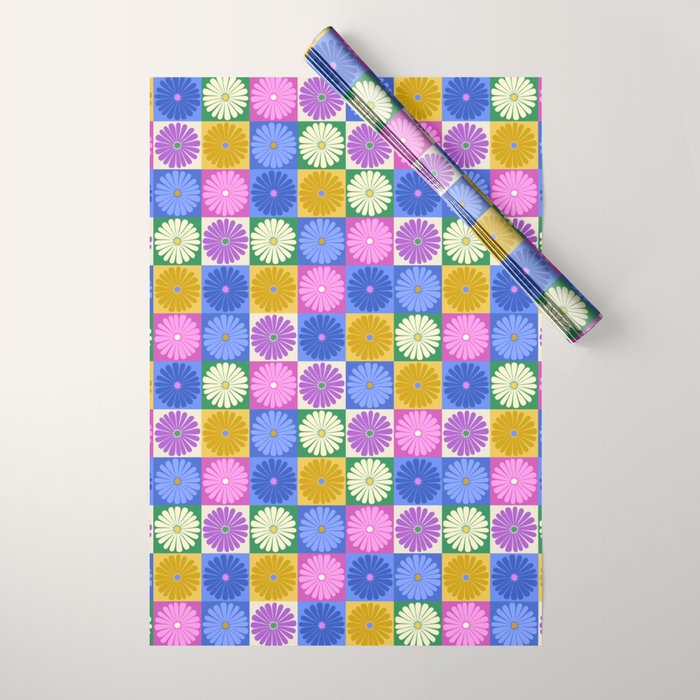 Retro Flowers Check Pattern XIV Wrapping Paper Gallery Image 1