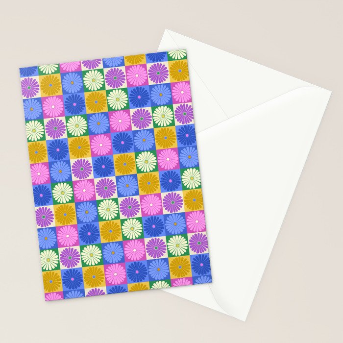 Retro Flowers Check Pattern XIV Stationery Card Gallery Image 2