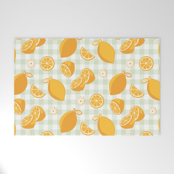 Lemons on Pastel Sage Green Gingham Welcome Mat Gallery Image 1