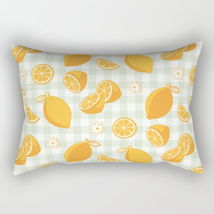 Lemons on Pastel Sage Green Gingham Rectangular Pillow Gallery Image 2