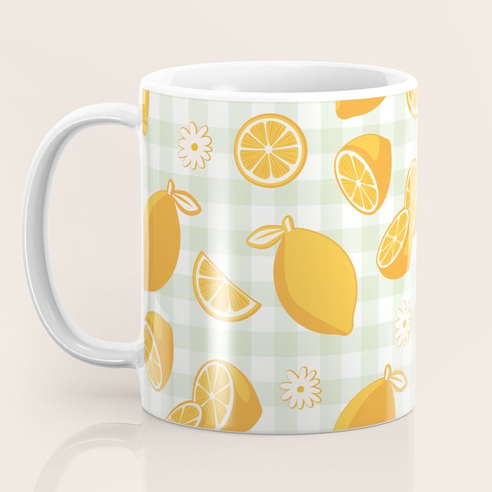 Lemons on Pastel Sage Green Gingham Coffee Mug Gallery Image 3
