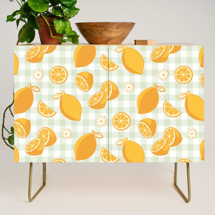 Lemons on Pastel Sage Green Gingham Credenza Gallery Image 1