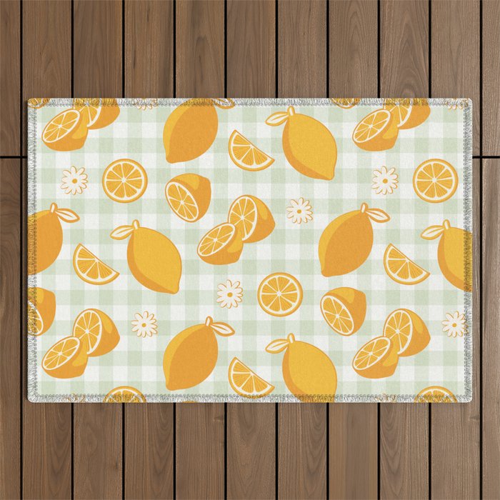 Lemons on Pastel Sage Green Gingham Outdoor Rug Gallery Image 1