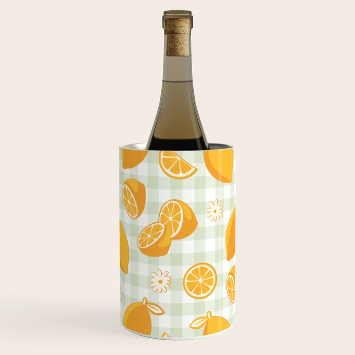 Lemons on Pastel Sage Green Gingham Wine Chiller Gallery Image 1