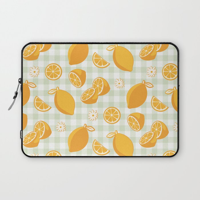 Lemons on Pastel Sage Green Gingham Laptop Sleeve Gallery Image 1