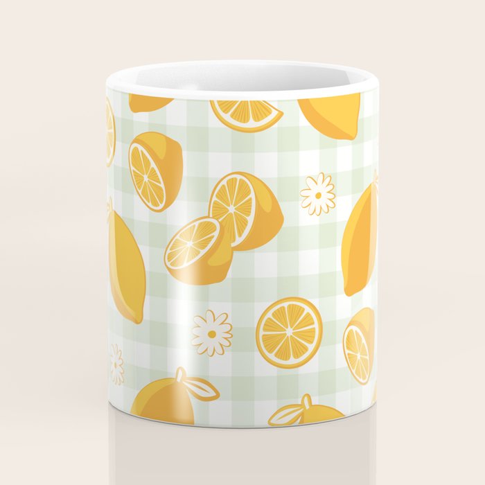 Lemons on Pastel Sage Green Gingham Coffee Mug Gallery Image 4
