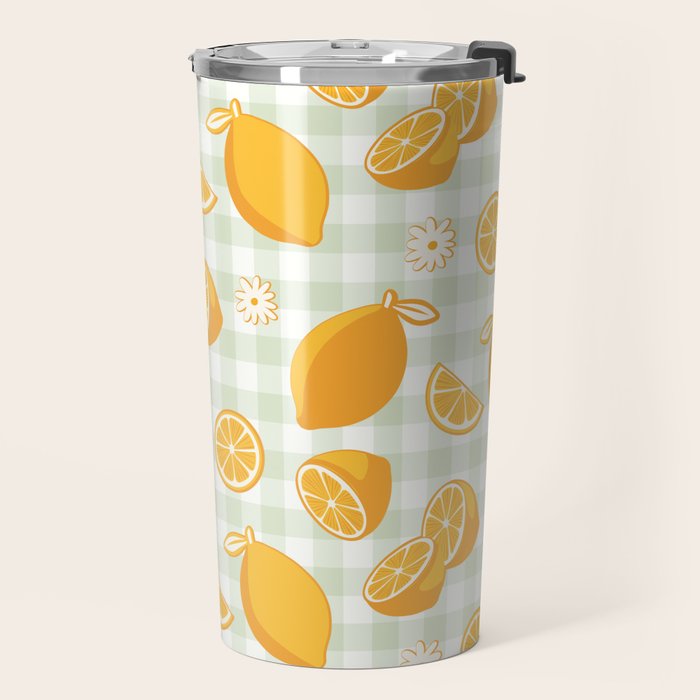 Lemons on Pastel Sage Green Gingham Travel Mug Gallery Image 2
