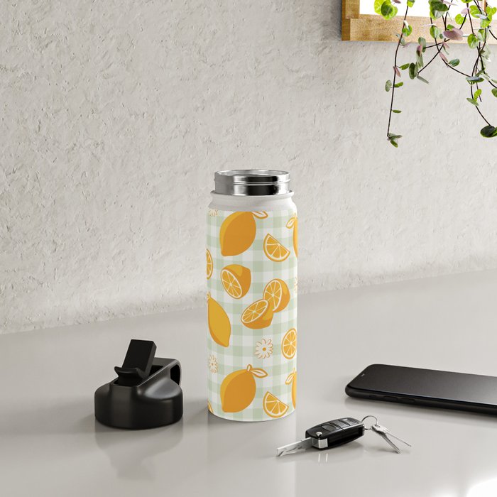 Lemons on Pastel Sage Green Gingham Water Bottle Gallery Image 4