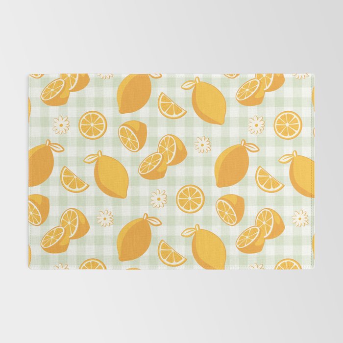 Lemons on Pastel Sage Green Gingham Rug Gallery Image 2