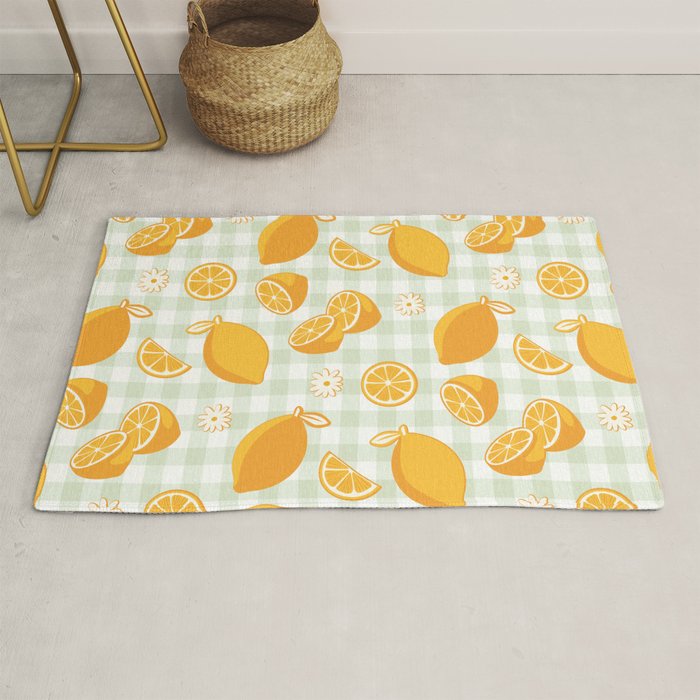 Lemons on Pastel Sage Green Gingham Rug Gallery Image 1