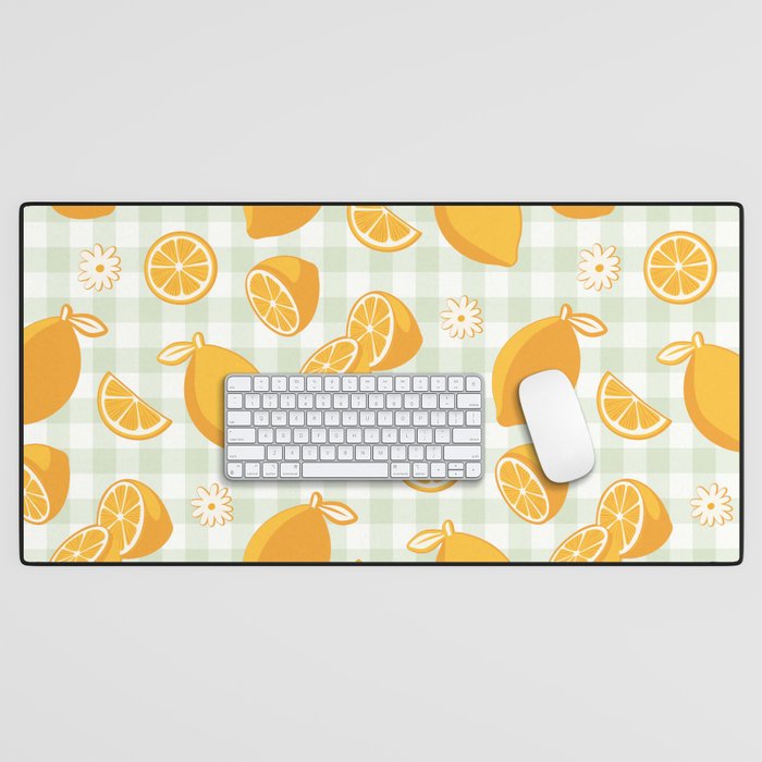 Lemons on Pastel Sage Green Gingham Desk Mat Gallery Image 1