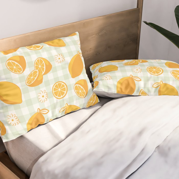 Lemons on Pastel Sage Green Gingham Pillow Sham Gallery Image 2