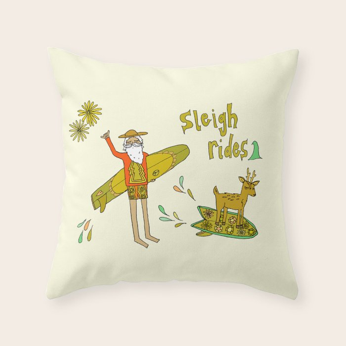 sleigh rides // surfing santa // retro surf art by surfy birdy Throw Pillow Gallery Image 6