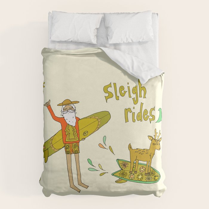 sleigh rides // surfing santa // retro surf art by surfy birdy Duvet Cover Gallery Image 1