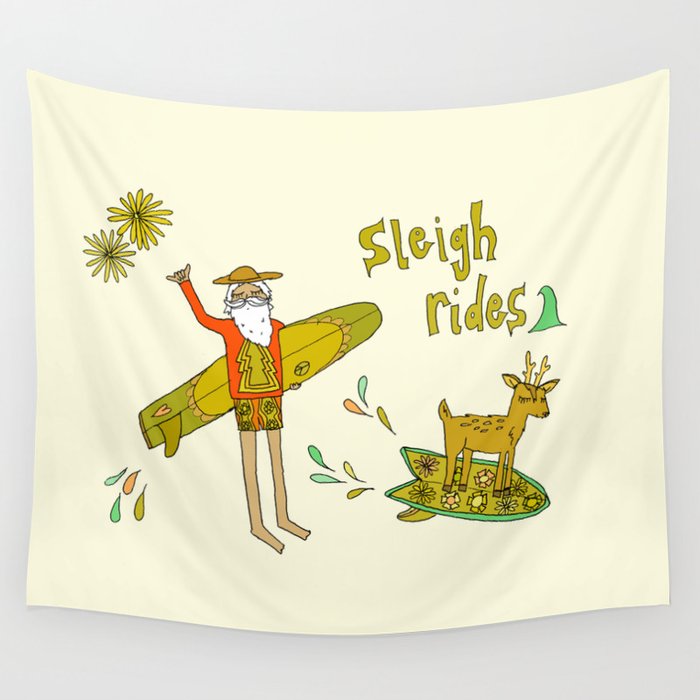 sleigh rides // surfing santa // retro surf art by surfy birdy Wall Tapestry Gallery Image 4