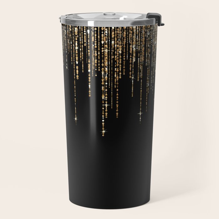 Luxury Chic Black Gold Sparkly Glitter Fringe Travel Mug Gallery Image 2