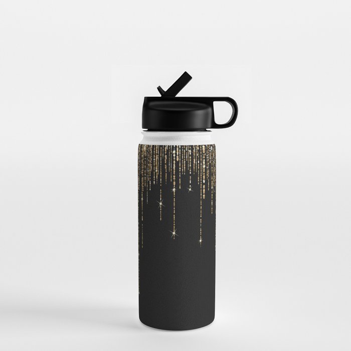 Luxury Chic Black Gold Sparkly Glitter Fringe Water Bottle Gallery Image 1