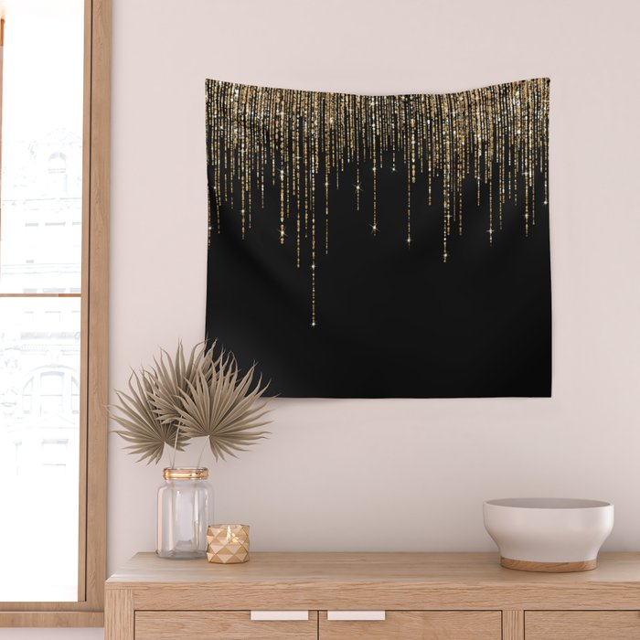 Luxury Chic Black Gold Sparkly Glitter Fringe Wall Tapestry Gallery Image 2