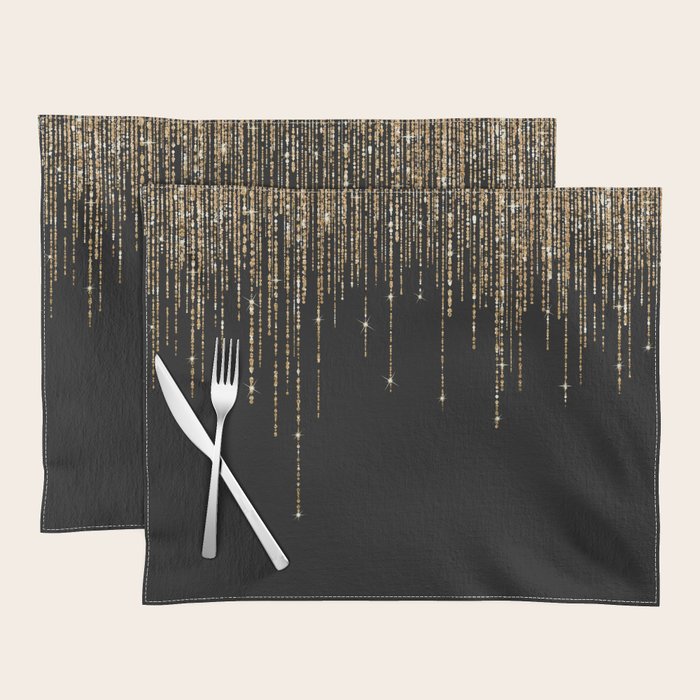 Luxury Chic Black Gold Sparkly Glitter Fringe Placemat Gallery Image 1