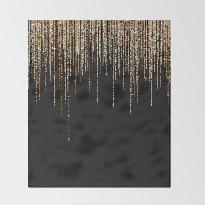 Luxury Chic Black Gold Sparkly Glitter Fringe Throw Blanket Gallery Image 2