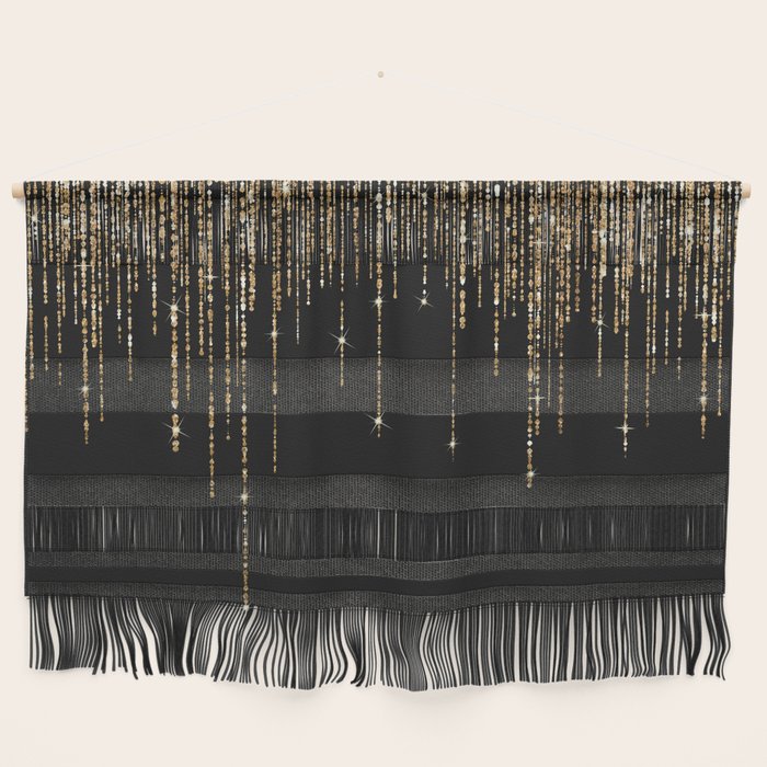 Luxury Chic Black Gold Sparkly Glitter Fringe Wall Hanging Gallery Image 1