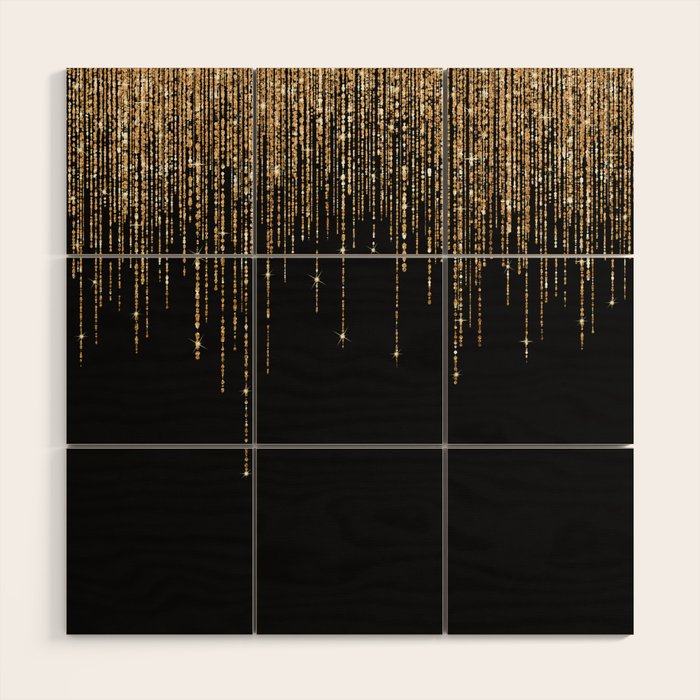 Luxury Chic Black Gold Sparkly Glitter Fringe Wood Wall Art Gallery Image 1