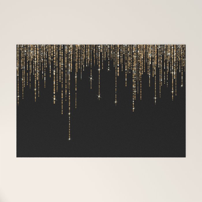 Luxury Chic Black Gold Sparkly Glitter Fringe Welcome Mat Gallery Image 1