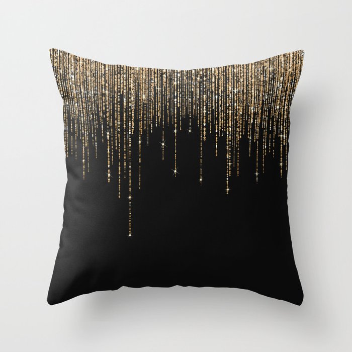 Luxury Chic Black Gold Sparkly Glitter Fringe Throw Pillow Gallery Image 1