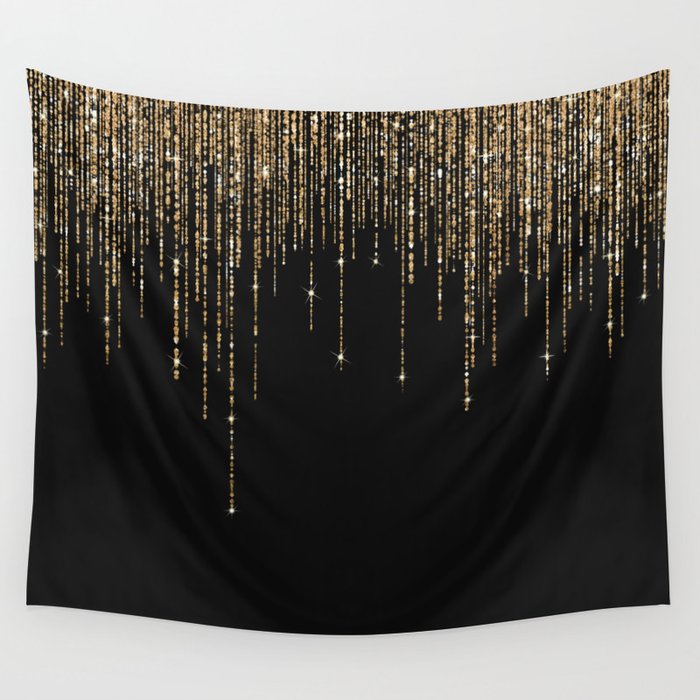 Luxury Chic Black Gold Sparkly Glitter Fringe Wall Tapestry Gallery Image 1