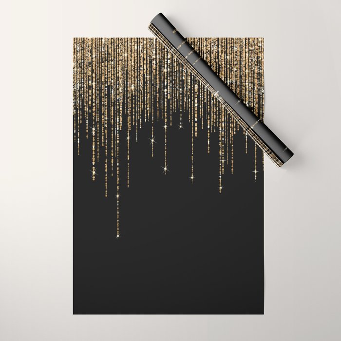 Luxury Chic Black Gold Sparkly Glitter Fringe Wrapping Paper Gallery Image 1
