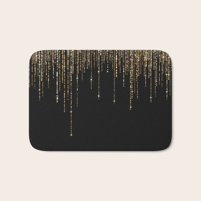 Luxury Chic Black Gold Sparkly Glitter Fringe Bath Mat Gallery Image 1