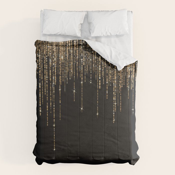 Luxury Chic Black Gold Sparkly Glitter Fringe Comforter Gallery Image 6
