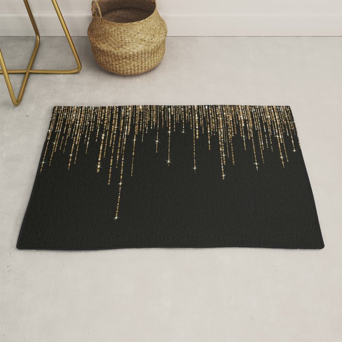 Luxury Chic Black Gold Sparkly Glitter Fringe Rug Gallery Image 1