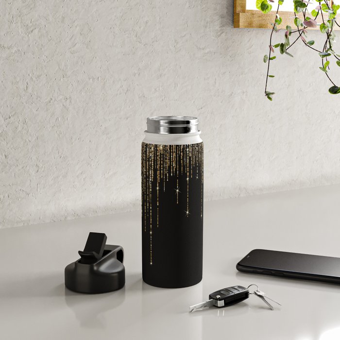 Luxury Chic Black Gold Sparkly Glitter Fringe Water Bottle Gallery Image 4