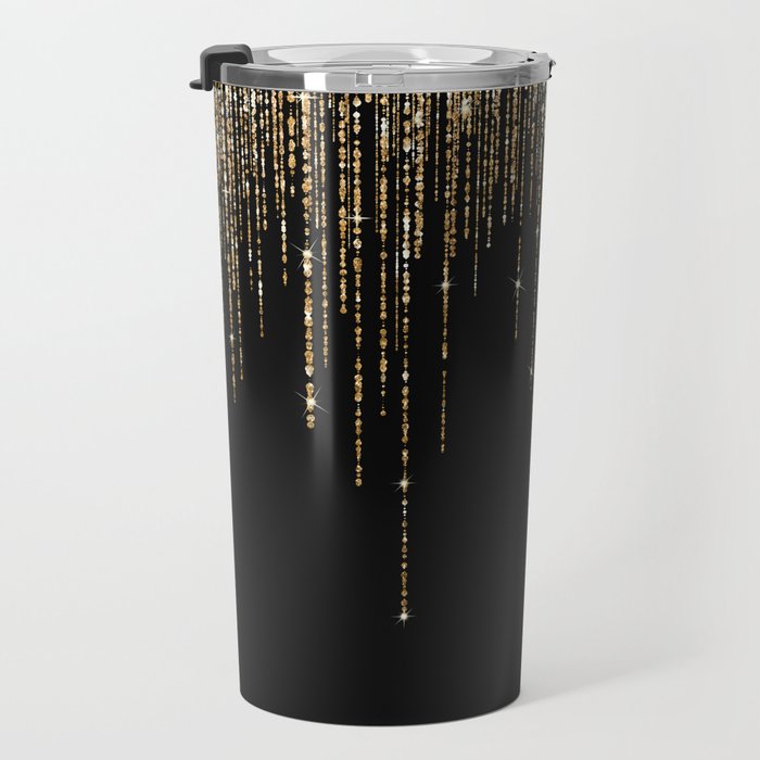 Luxury Chic Black Gold Sparkly Glitter Fringe Travel Mug Gallery Image 3