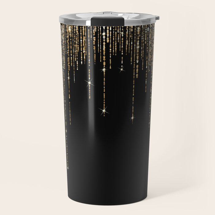 Luxury Chic Black Gold Sparkly Glitter Fringe Travel Mug Gallery Image 1