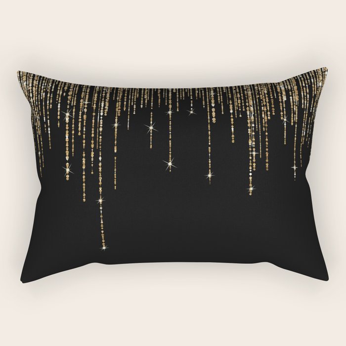 Luxury Chic Black Gold Sparkly Glitter Fringe Rectangular Pillow Gallery Image 1