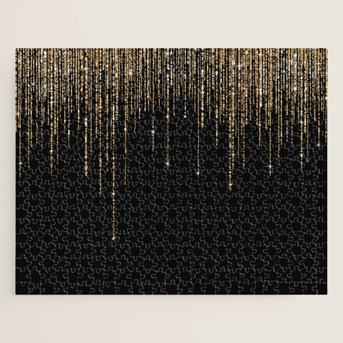Luxury Chic Black Gold Sparkly Glitter Fringe Jigsaw Puzzle Gallery Image 1