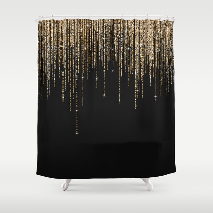 Luxury Chic Black Gold Sparkly Glitter Fringe Shower Curtain